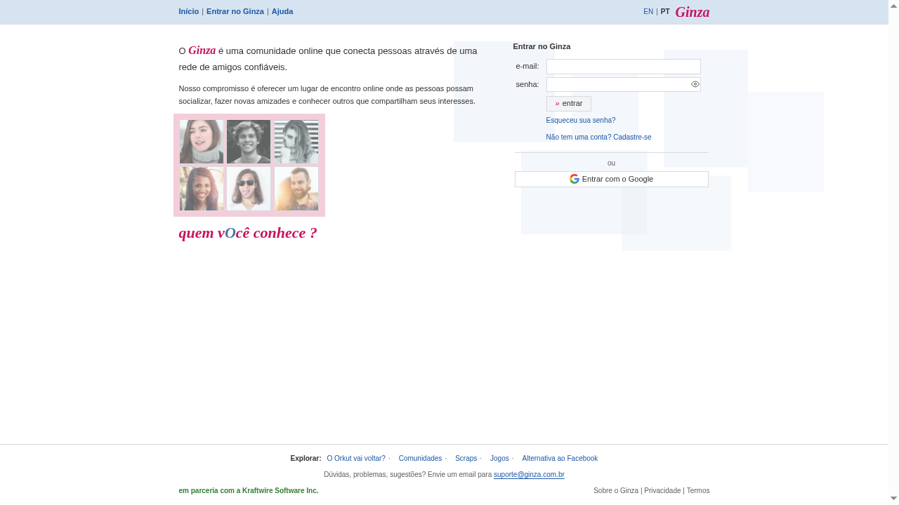 Tela de entrar no Ginza · campos e-mail e senha, botão entrar com Google, no estilo Orkut 2004 em azul e branco